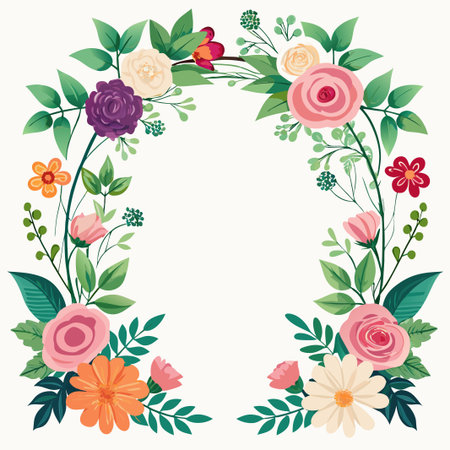Floral border with pink, white, orange, and purple flowers on green leaves.のイラスト素材