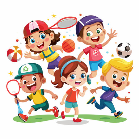 Happy kids playing different sports like soccer, tennis, basketball, and volleyball.のイラスト素材