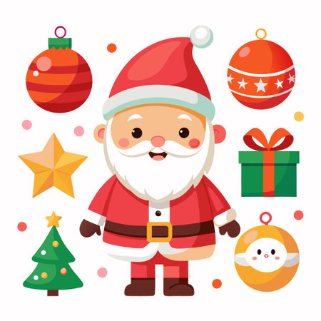 Cute cartoon Santa Claus with Christmas tree, ornaments, star and gift.のイラスト素材