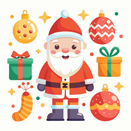 Cheerful Santa Claus surrounded by Christmas presents and ornaments.のイラスト素材