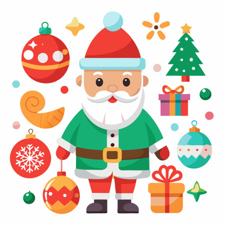 Cartoon Santa Claus surrounded by Christmas elements on white background.のイラスト素材