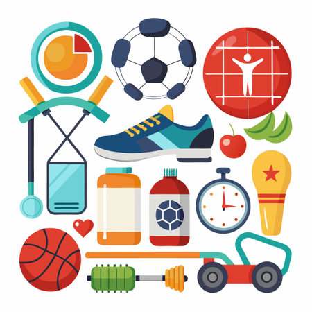 Colorful fitness icons set of gym, sport equipment, healthy lifestyle.のイラスト素材