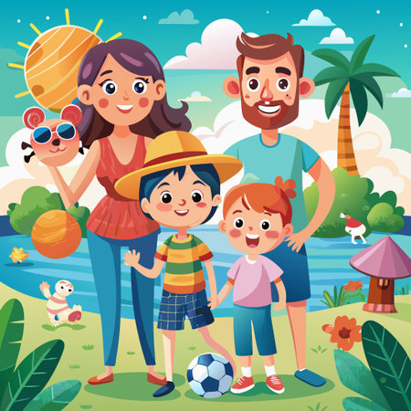 Happy family enjoying a sunny day at the park with a soccer ball.のイラスト素材