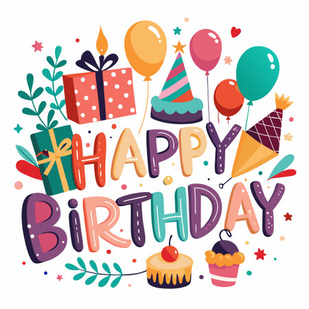 Happy Birthday colorful text with party decorations.のイラスト素材