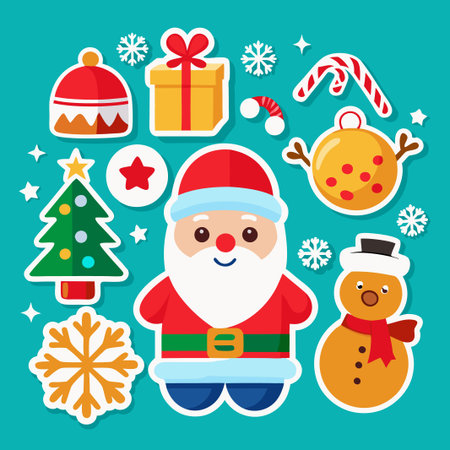 Christmas Stickers with Santa, Snowman, Gift, Ornament, and Candy Cane.のイラスト素材