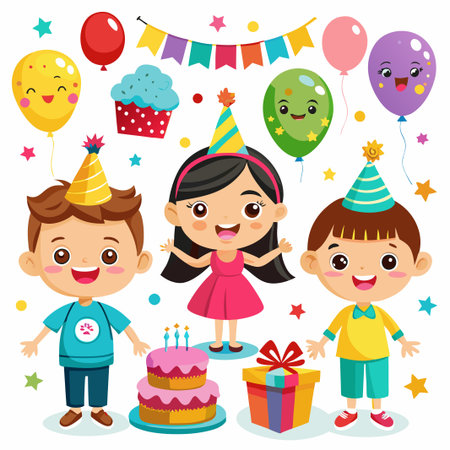 Three smiling children celebrating a birthday with cake, balloons, and presents.のイラスト素材