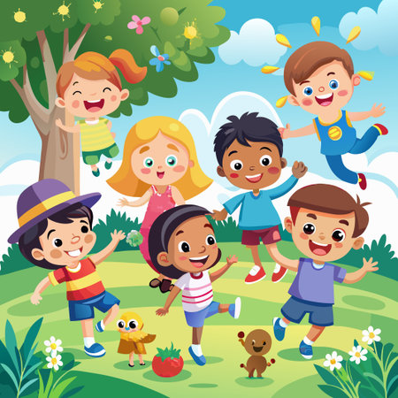 Happy diverse children playing in a park with a tree, flowers, and a bird.のイラスト素材