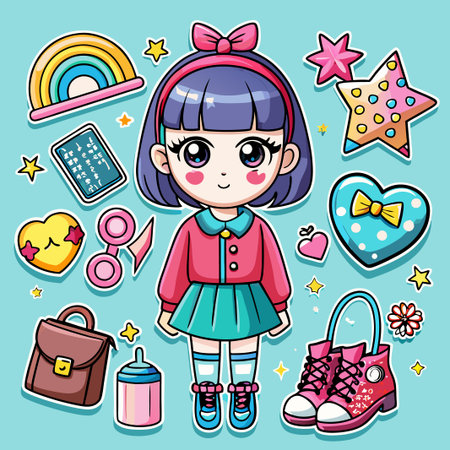 Cute cartoon girl wearing a red shirt and blue skirt with various cute stickers around her.のイラスト素材