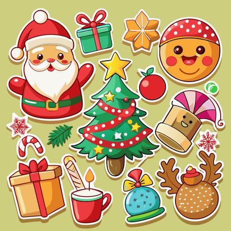 Cute Christmas stickers with Santa, tree, reindeer, gifts and more.のイラスト素材