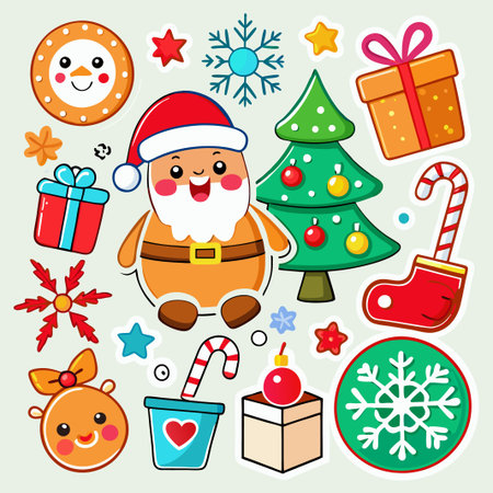 Festive Christmas stickers featuring Santa, a Christmas tree, gifts, candy canes, gingerbread, and snowflakes.のイラスト素材