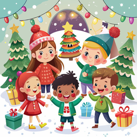 Four kids celebrating Christmas with presents, a Christmas tree, and festive lights.のイラスト素材