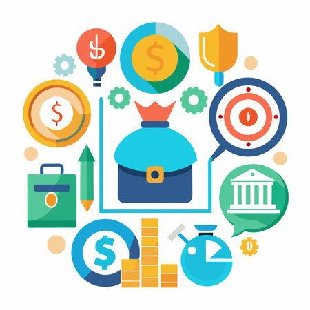 Illustration of a money bag with a crown on top, surrounded by various financial icons.のイラスト素材