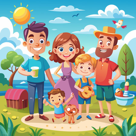 Happy cartoon family of four having fun in the park.のイラスト素材