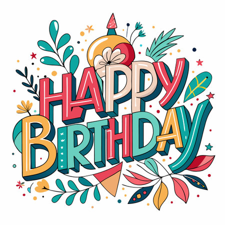 Colorful Happy Birthday Card with Floral Decorations.のイラスト素材