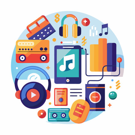 Colorful music devices illustration on a blue background.のイラスト素材
