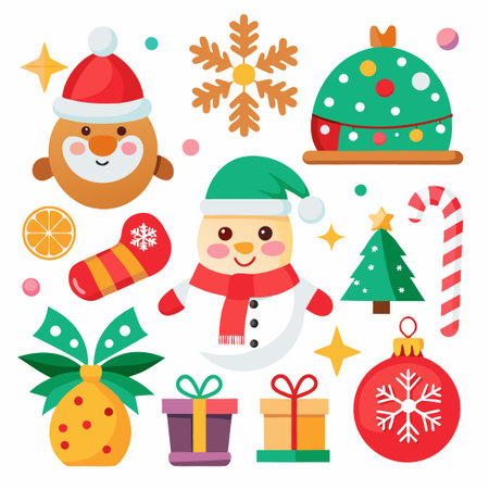 Cute Christmas icons snowman, Santa, Christmas tree, ornaments, candy cane, gifts, orange, snowflake.のイラスト素材