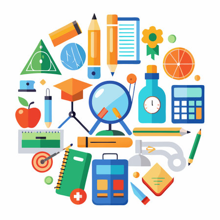 Colorful Flat Design Back to School Icons Illustration.のイラスト素材