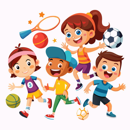Happy kids playing sports with a basketball, soccer ball, tennis racket, and a red ball.のイラスト素材