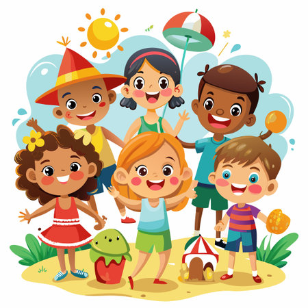 Happy kids playing outdoors with a sun, umbrella, and sand toys.のイラスト素材