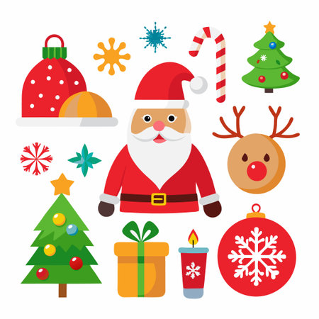 Colorful Christmas icons collection with Santa, reindeer, tree, ornament, candy cane, gift, snowflake, and candle.のイラスト素材