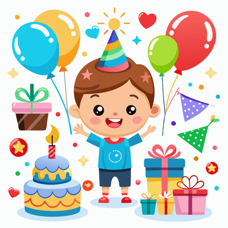 Happy boy celebrating birthday with cake, balloons, and gifts.のイラスト素材