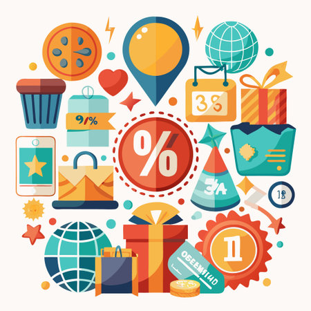 Colorful flat design illustration of various shopping icons for online retail.のイラスト素材