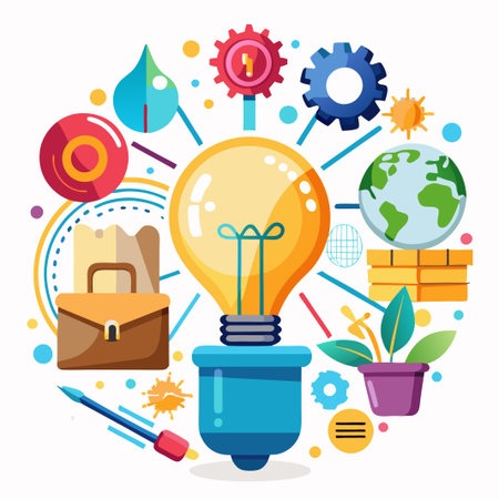 Bright lightbulb surrounded by gears, a globe, paintbrushes and plants.のイラスト素材