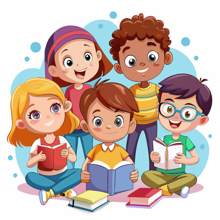 Four happy cartoon children sitting and reading books.のイラスト素材
