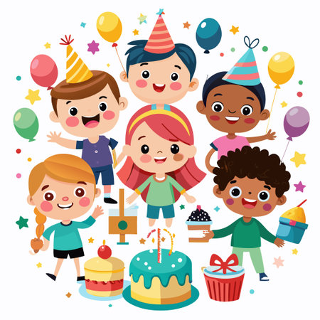 Happy diverse group of kids celebrating a birthday with cake and gifts.のイラスト素材