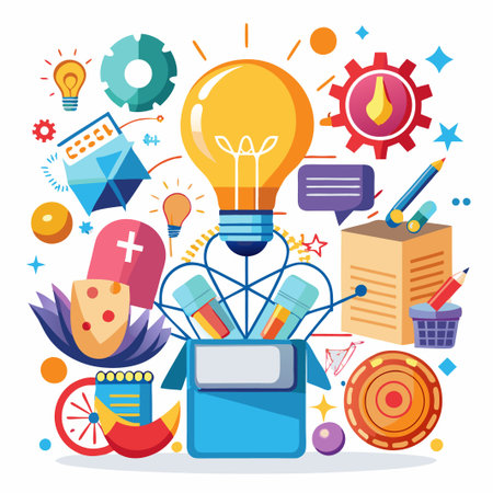 Abstract colorful illustration of a lightbulb with gears, pencils, and other creative elements.のイラスト素材