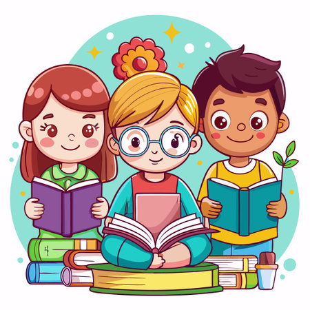 Happy kids reading books together.のイラスト素材