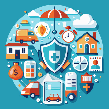Colorful flat design illustration of insurance protection concept with house, car, truck, money bag, and umbrella.のイラスト素材