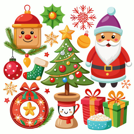 Christmas elements set with Santa, tree, ornaments, and gifts.のイラスト素材