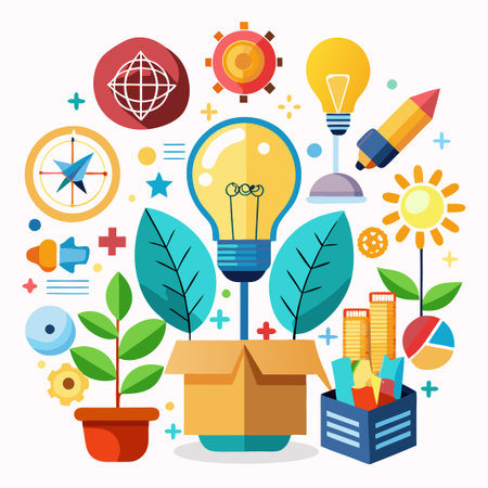 Light bulb growing out of box with various colorful icons.のイラスト素材