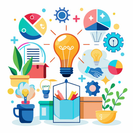 Bright Idea -  Business Concept with Lightbulbs, Gears, and Charts.のイラスト素材