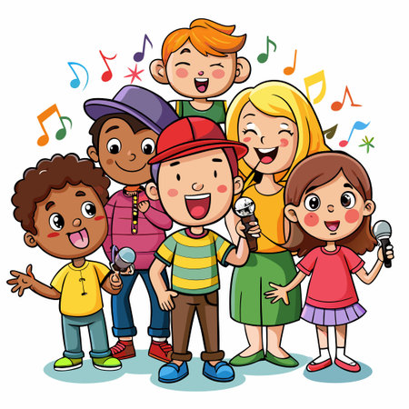 Happy children singing together with microphones, cartoon illustration.のイラスト素材