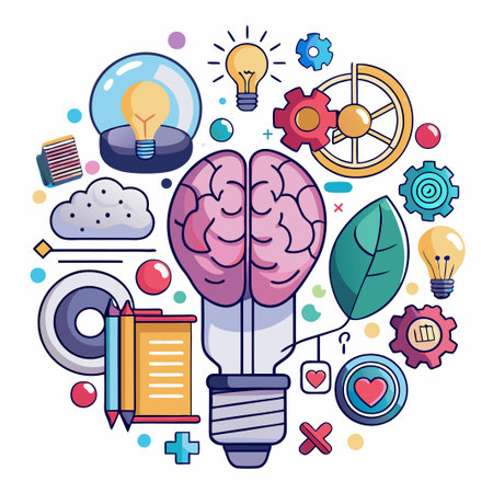 A lightbulb shaped like a brain surrounded by gears, pencils, and other creative objects.