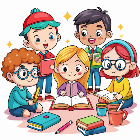 Four children sitting around a table with books and pencils, studying together.のイラスト素材