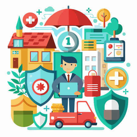Man with laptop under umbrella protection surrounded by houses, cars, and shield symbols.のイラスト素材