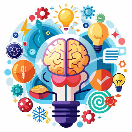 Human brain inside a lightbulb with creative icons.のイラスト素材