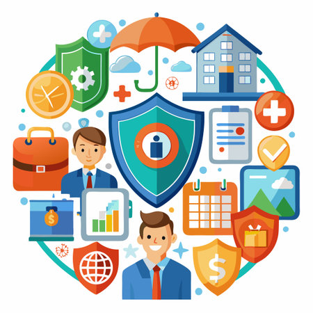 Business protection and security concept with businessman, shields, house, calendar, and clock.のイラスト素材