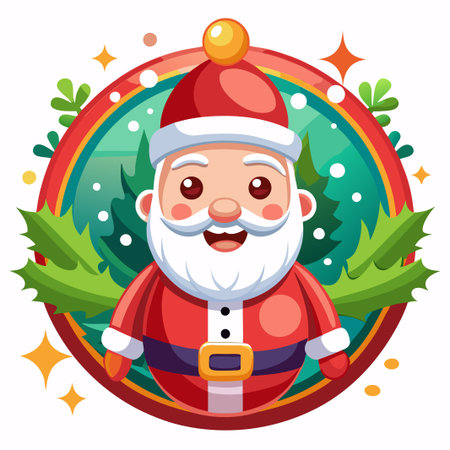Cheerful Santa Claus in a festive circle with green leaves, snow, and stars.のイラスト素材