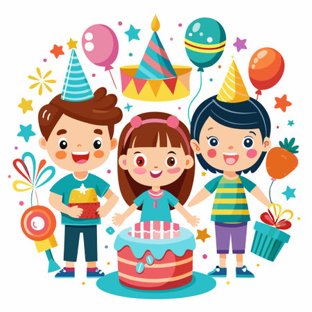 Three cheerful children celebrating a birthday with a cake, balloons and gifts.のイラスト素材