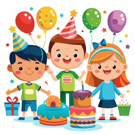 Three happy children with birthday cake, gifts, balloons, and party hats.のイラスト素材