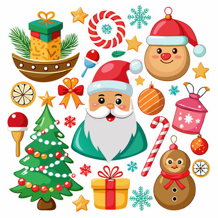 Christmas Ornament Set with Santa, Tree, Snowman, and Candy Cane.のイラスト素材