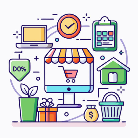 Online shop concept with computer, shopping cart and discount.のイラスト素材