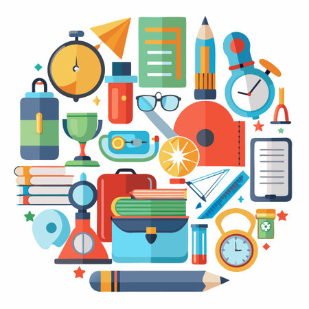 Colorful school supplies arranged in a circle.のイラスト素材
