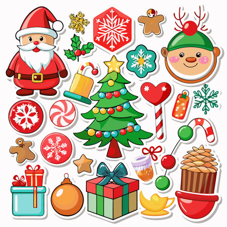 Colorful Christmas stickers with Santa, a Christmas tree, and other festive icons.のイラスト素材