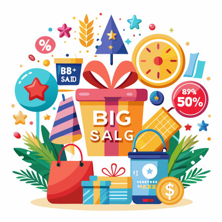 Big Sale Illustration with Gift Boxes, Shopping Bags, and Discount Labels.のイラスト素材