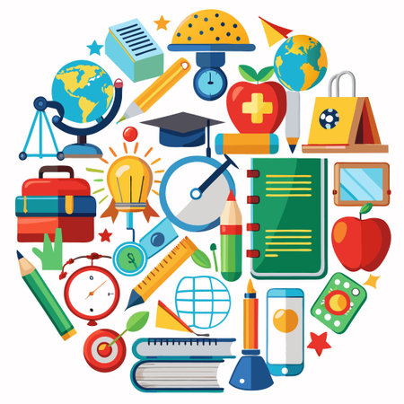 Colorful school supplies arranged in a circle.のイラスト素材